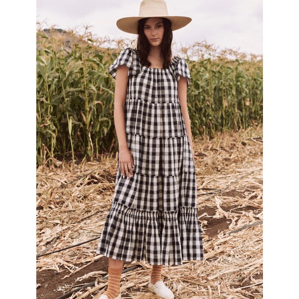 The GREAT. Nightingale Navy Blue Heart Checker Gingham Dress Midi Maxi Large 3